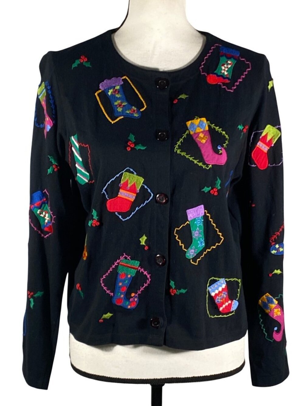 Michael Simon Lite Black Christmas Stocking Embroidered cotton Cardigan Sweater